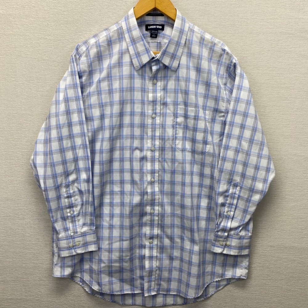 Lands' End Mens Blue Plaid Supima Cotton No Iron Dress Shirt 17.5-33 Traditional - Picture 10 of 12